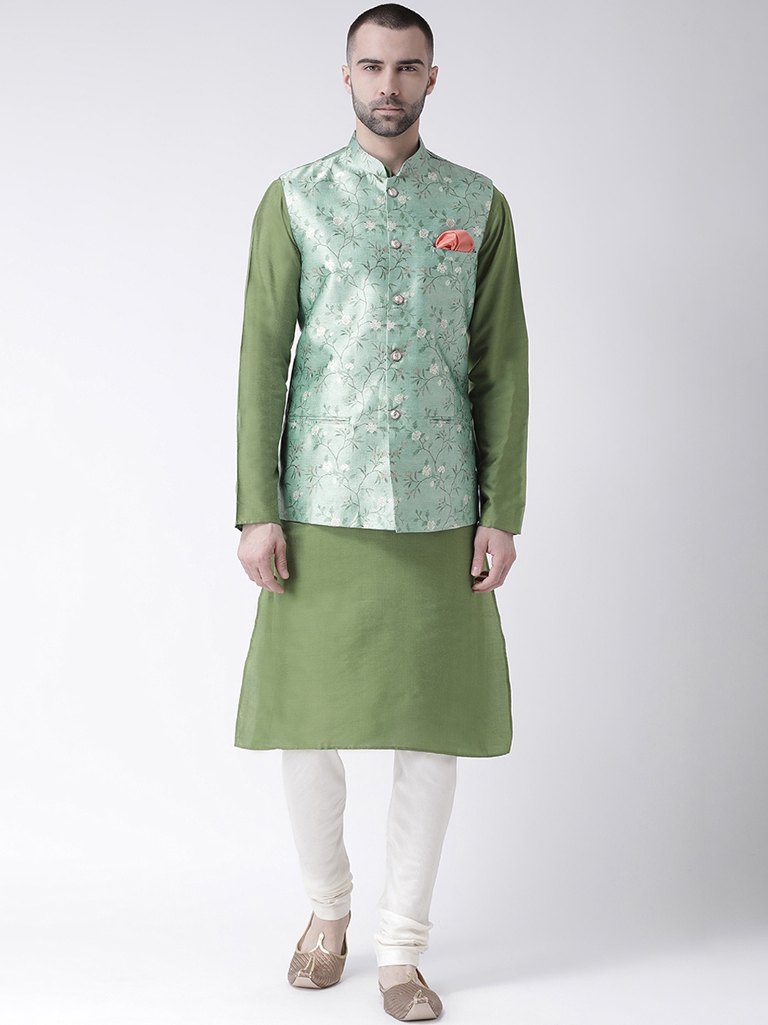 

KISAH Men Green & White Solid Churidar Kurta with Nehru Jacket