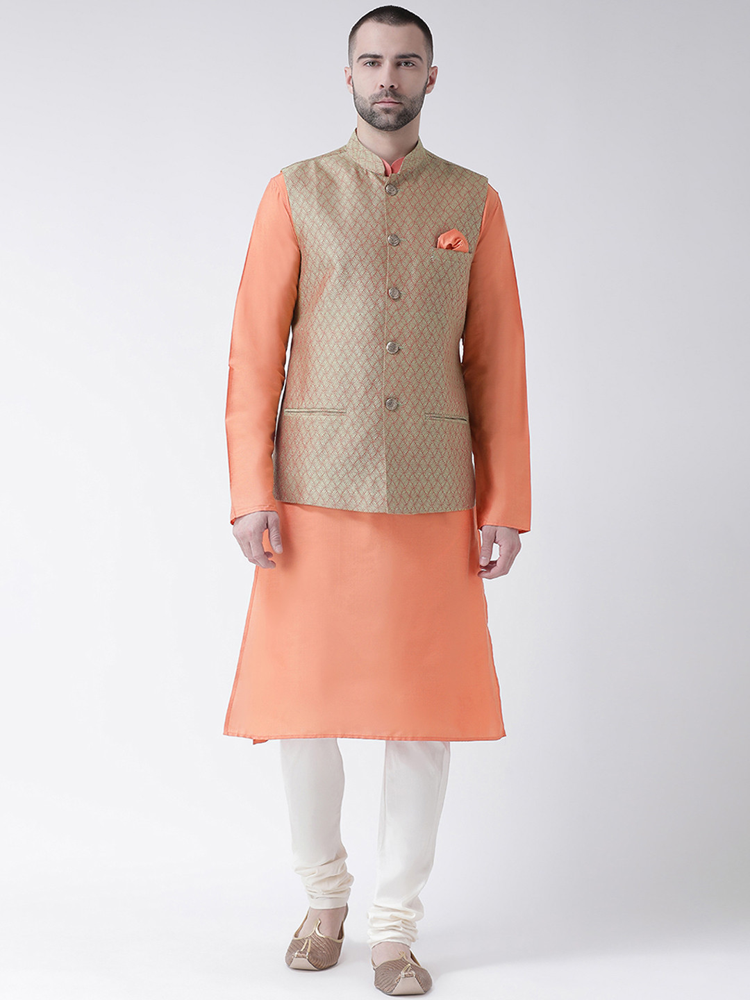 

KISAH Men Orange Printed Kurta with Churidar & Nehru Jacket
