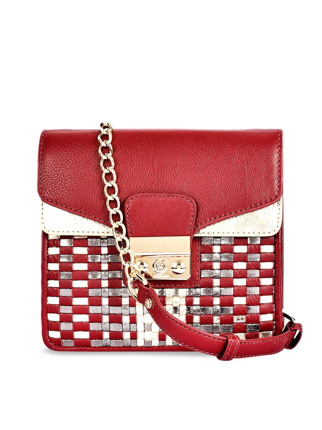 

Eske Red & Beige Self Design Leather Sling Bag