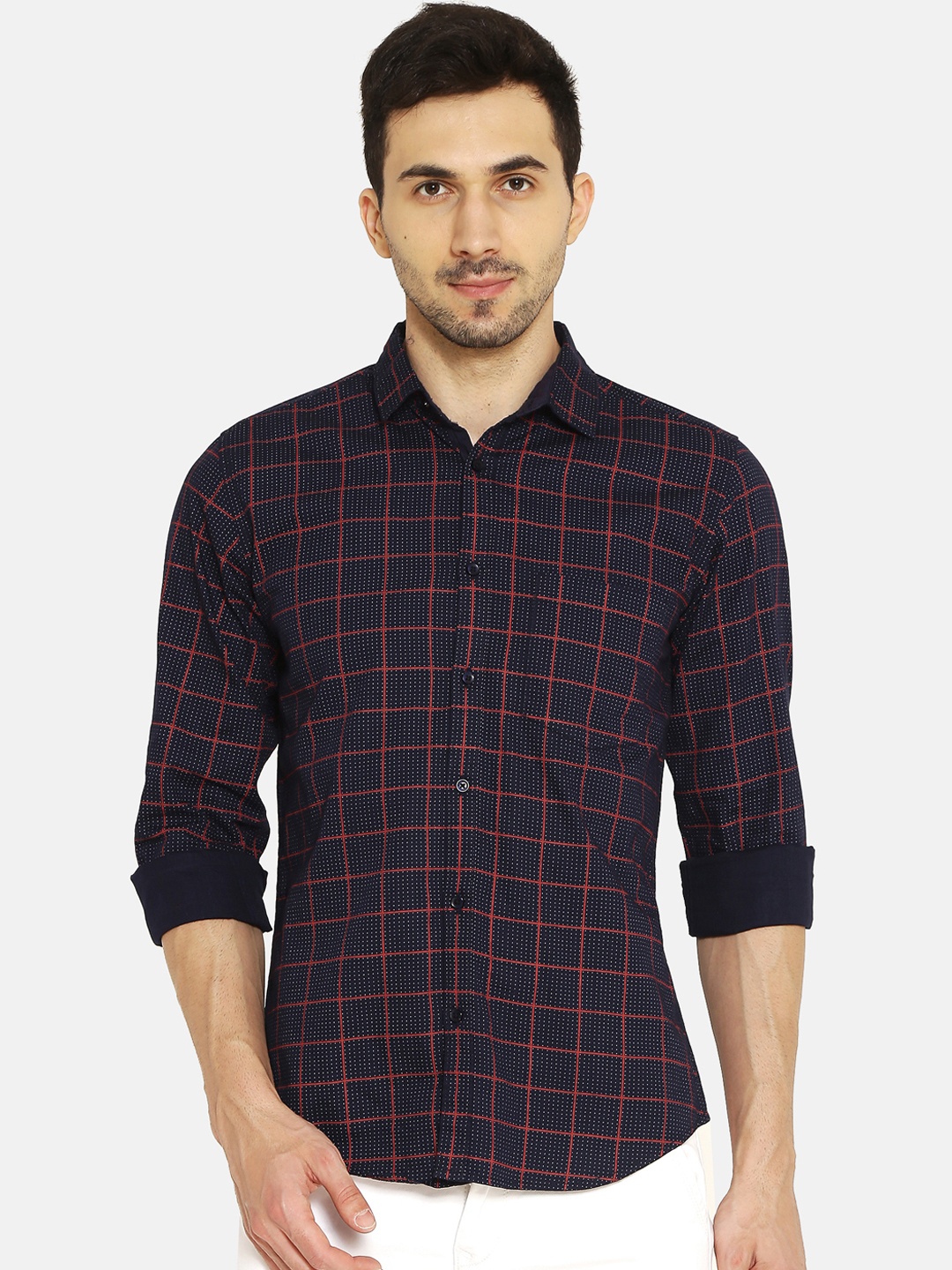 

IVOC Men Navy Blue & Red Slim Fit Checked Casual Shirt
