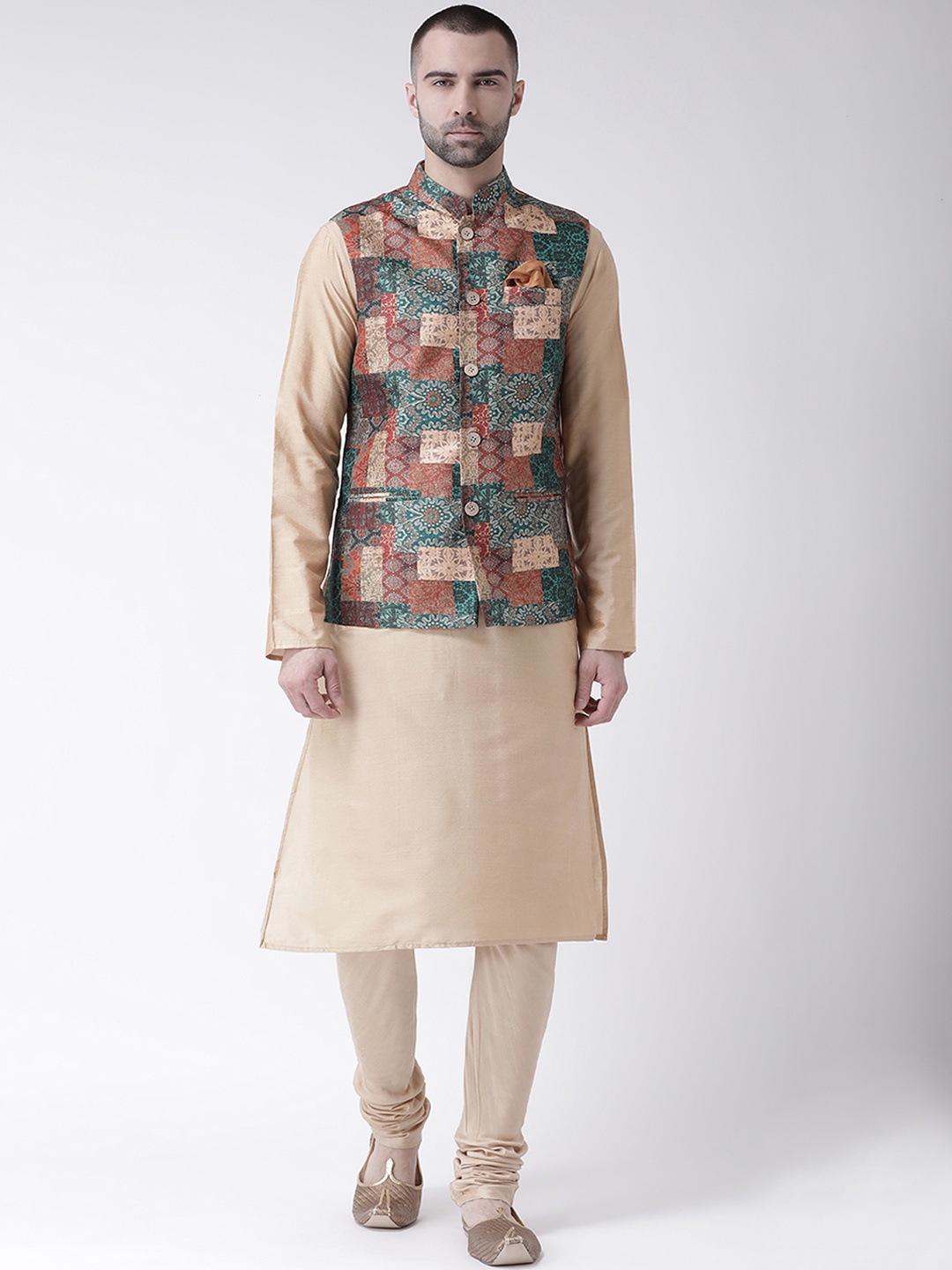 

KISAH Men Beige & Brown Solid Churidar Kurta with Nehru Jacket