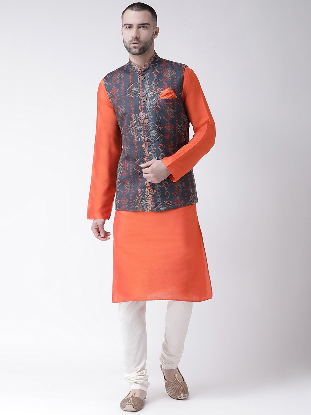 

KISAH Men Orange Printed Kurta with Churidar & Nehru Jacket
