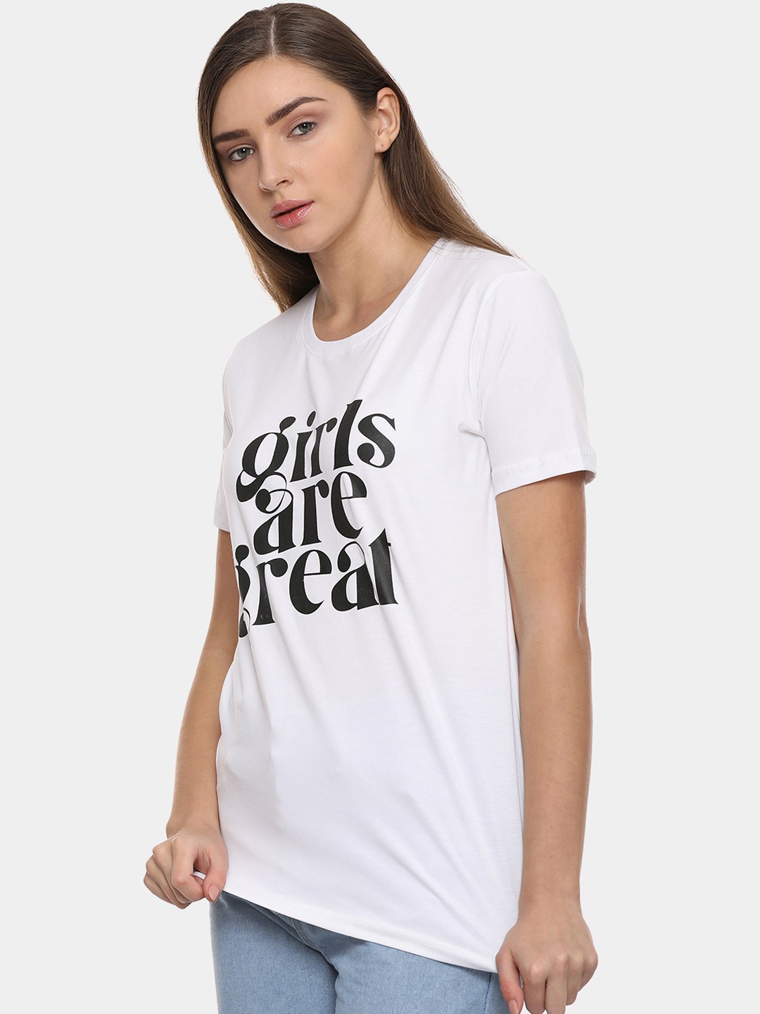 

ISU Women White Printed Round Neck T-shirt