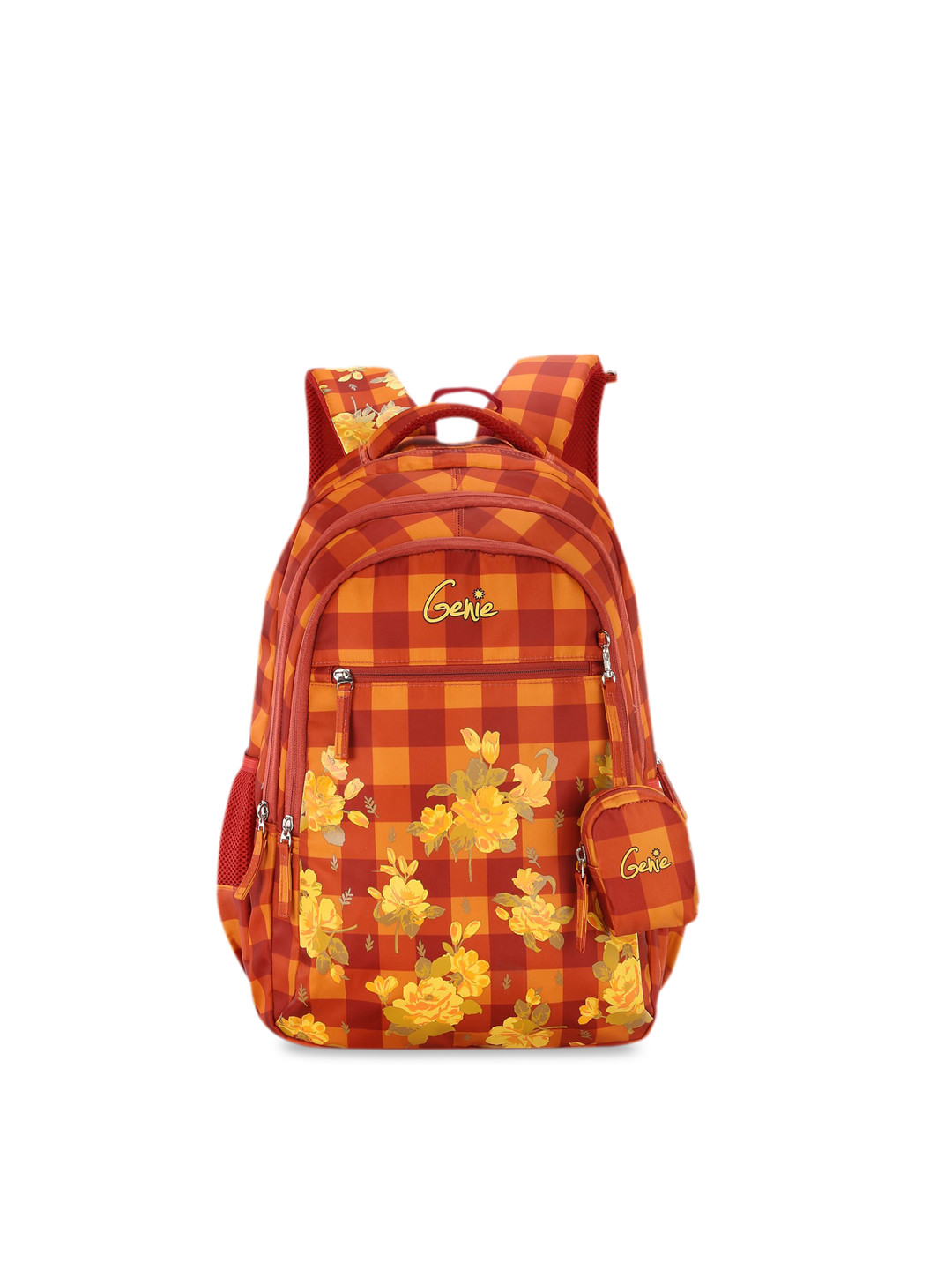 

Genie Girls Orange & Yellow Checked 17 inches Medium Backpack with Zip Pouch