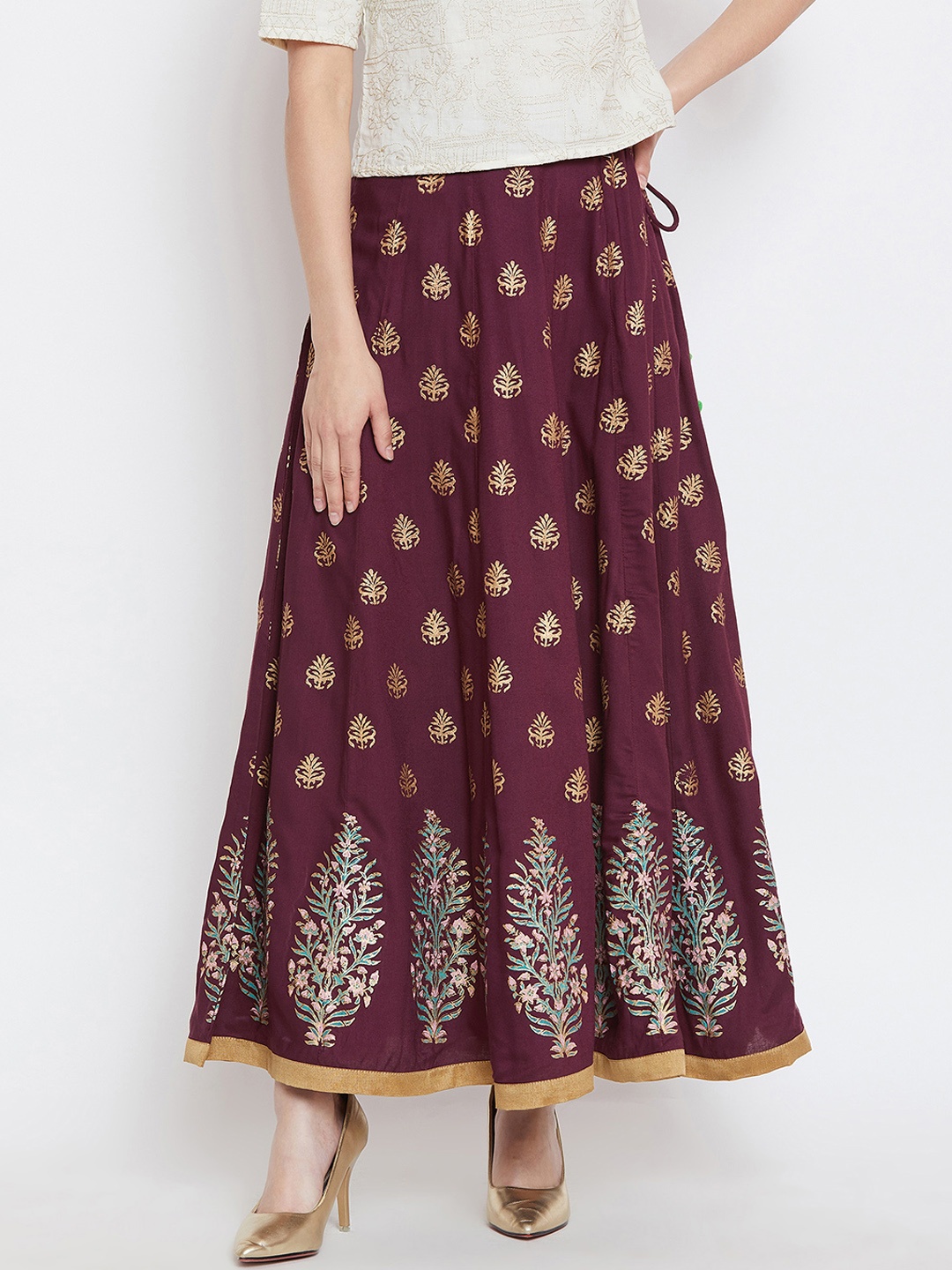 

Bitterlime Women Burgundy Block Print Flared Maxi Skirt