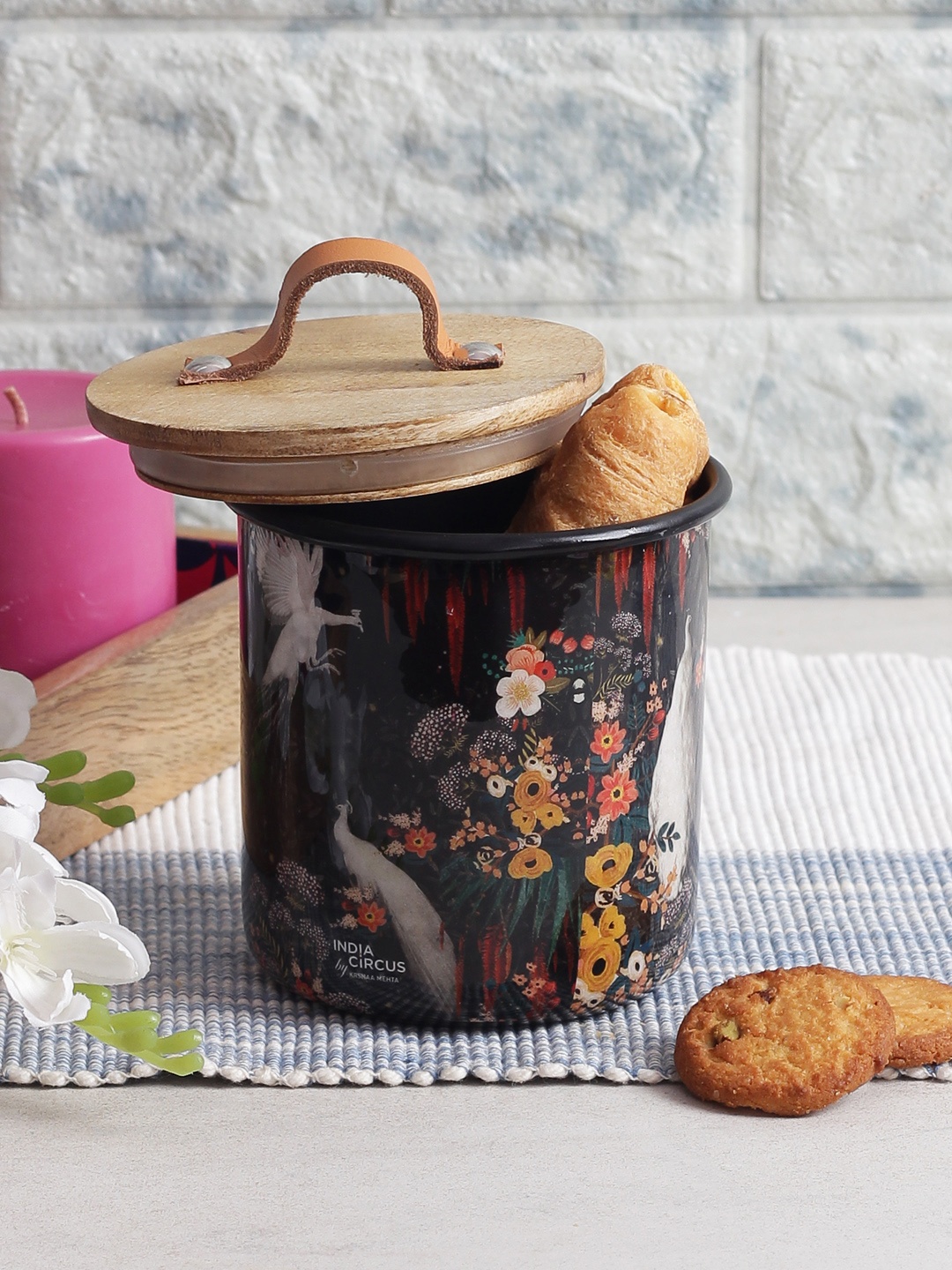 

India Circus by Krsnaa Mehta Black Printed Steel Storage Jar With Lid
