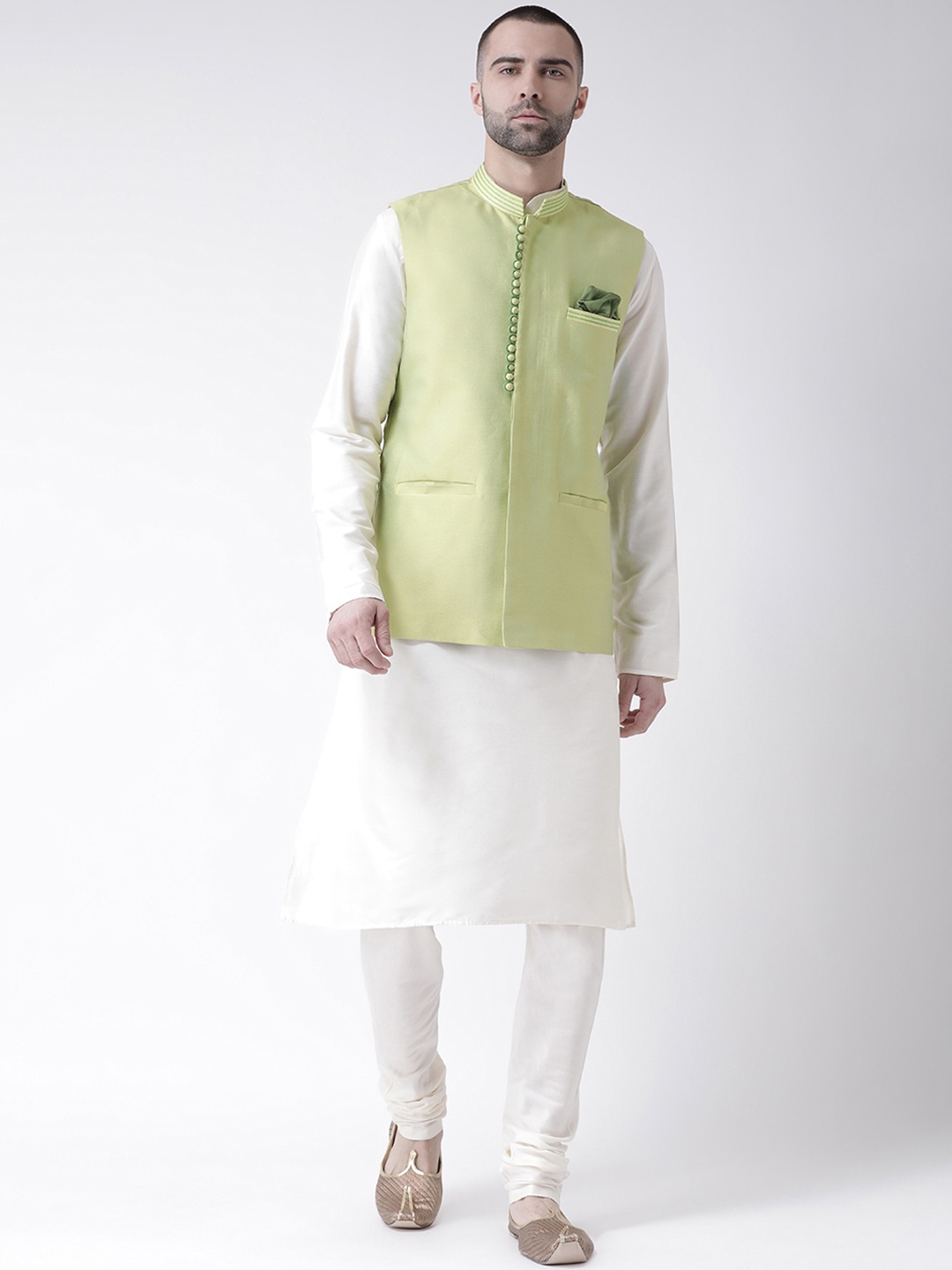

KISAH Men White & Lime Green Solid Churidar Kurta with Nehru Jacket