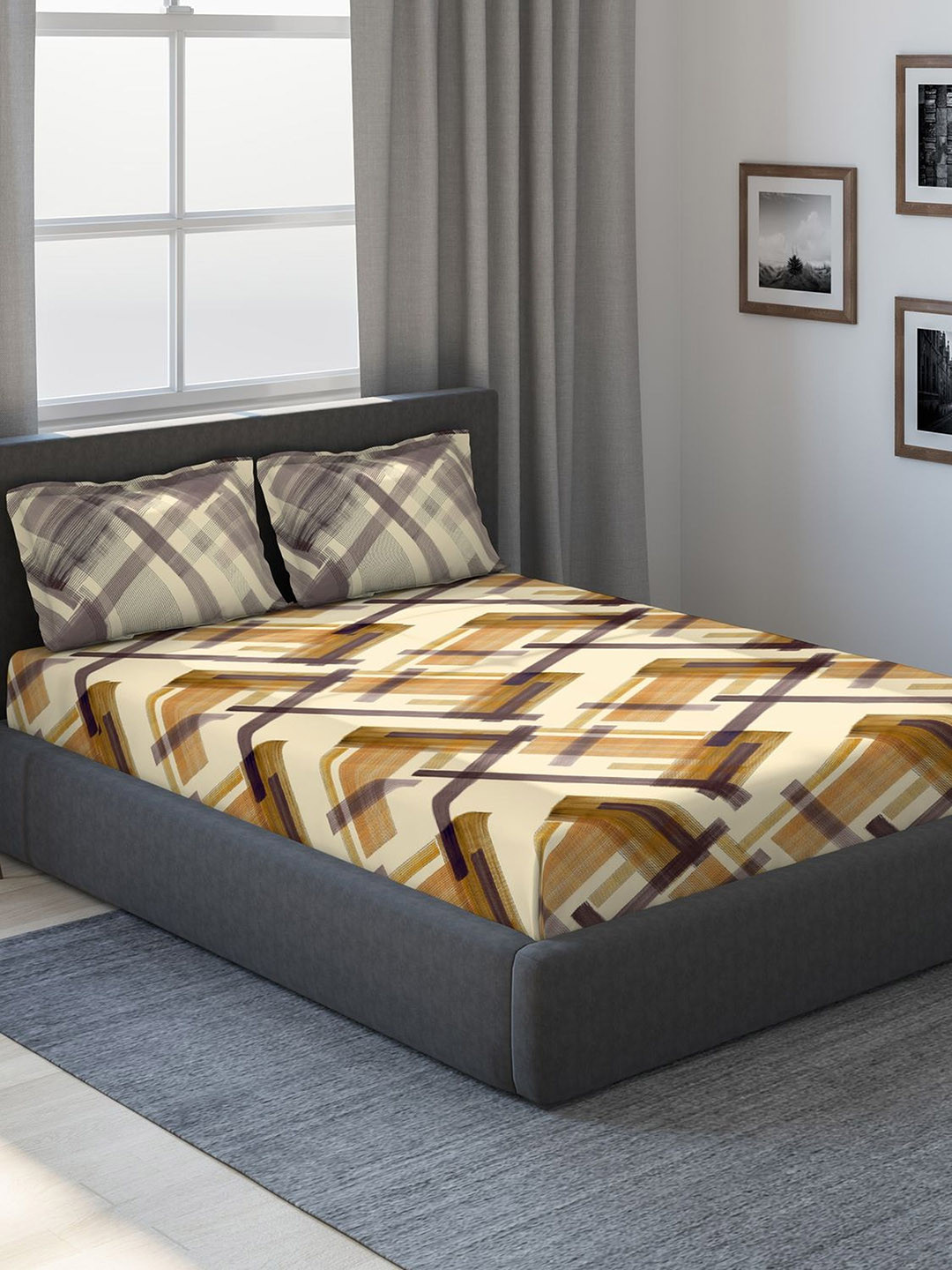 

DDecor Brown & Mustard Yellow Abstract 180 TC Cotton 1 King Bedsheet with 2 Pillow Covers