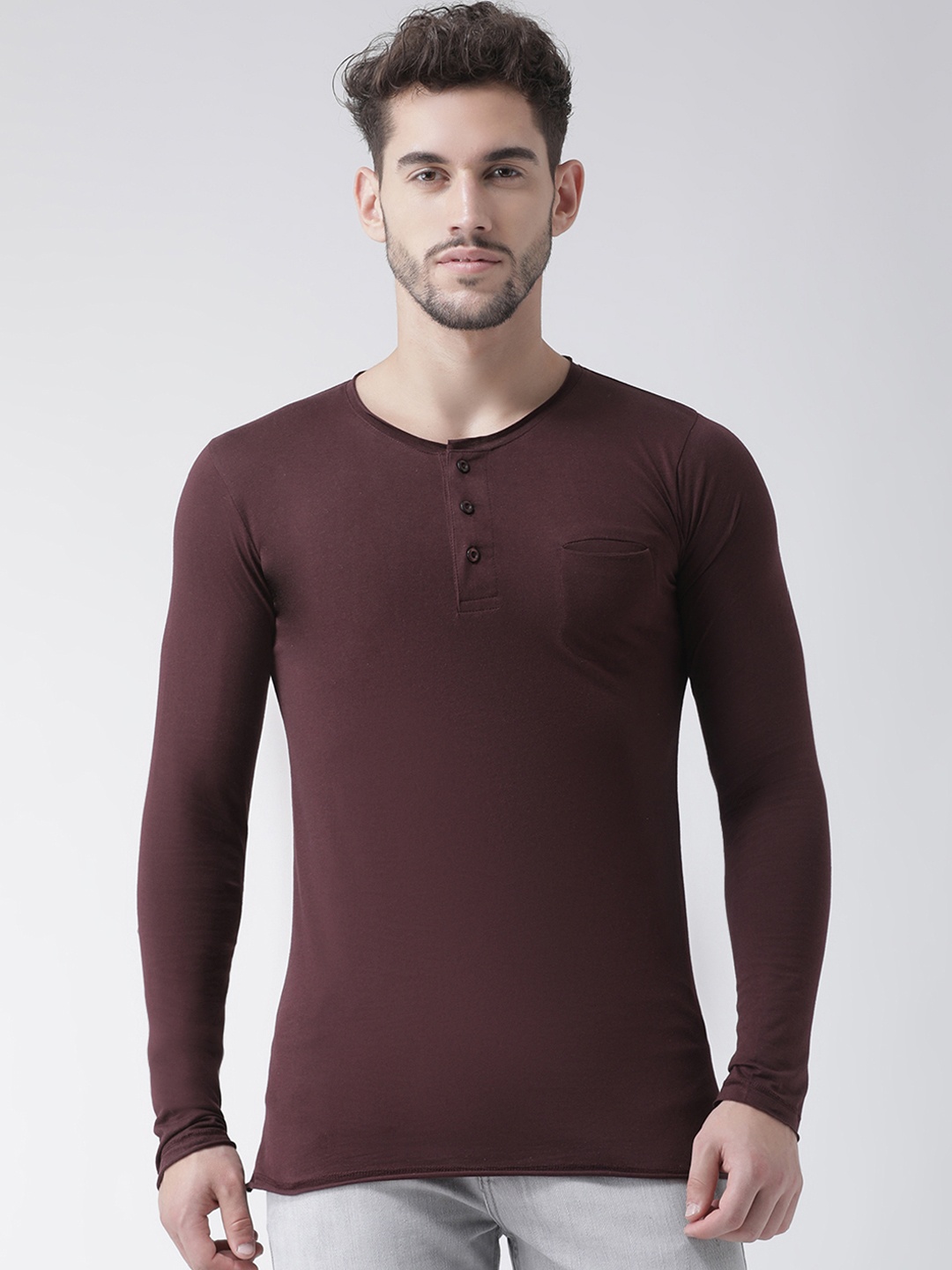 Tinted Men Maroon Solid Round Neck T-shirt