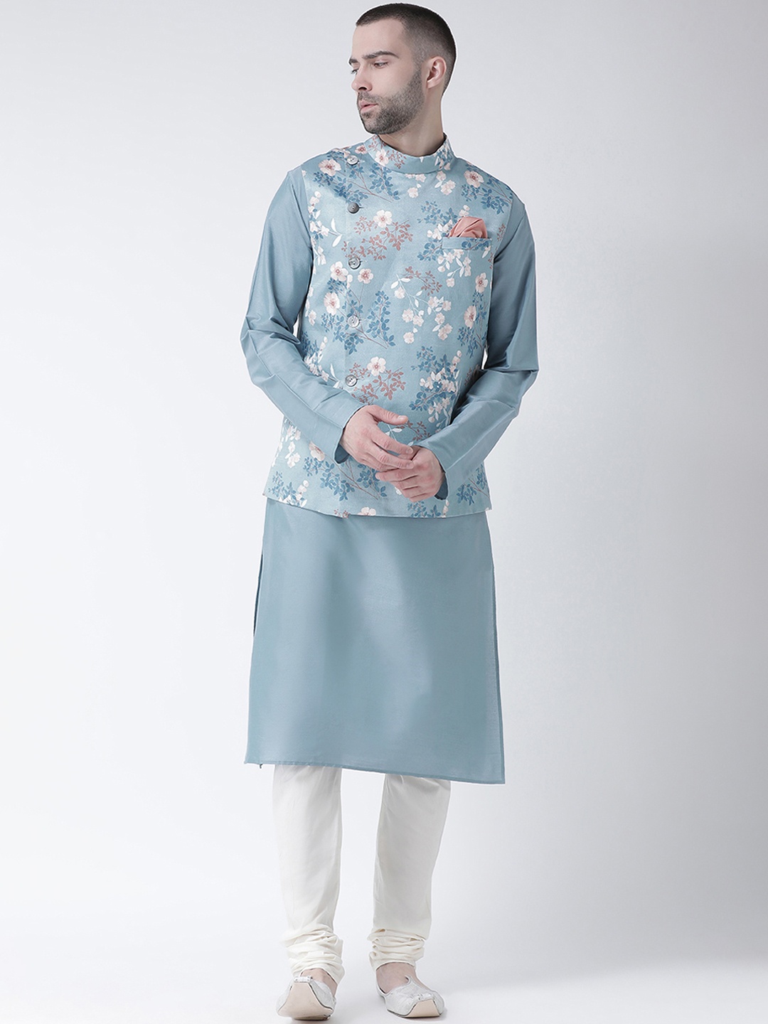 

KISAH Men Blue & White Solid Churidar Kurta with Nehru Jacket