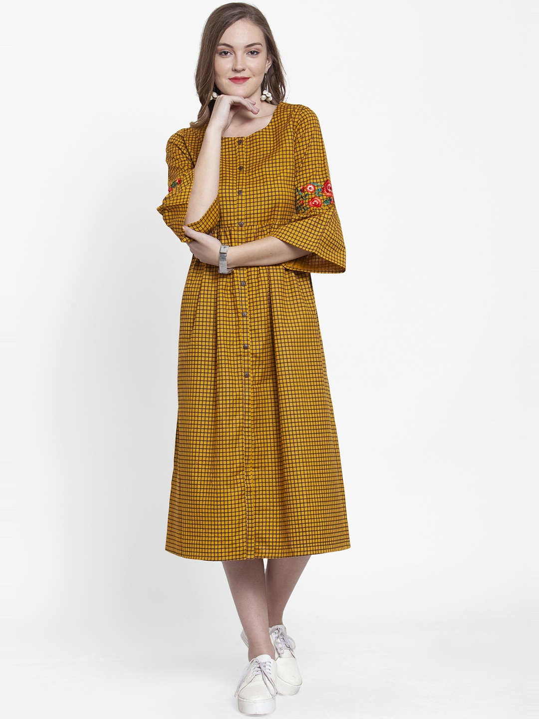 

Varanga Women Mustard Checked A-Line Dress