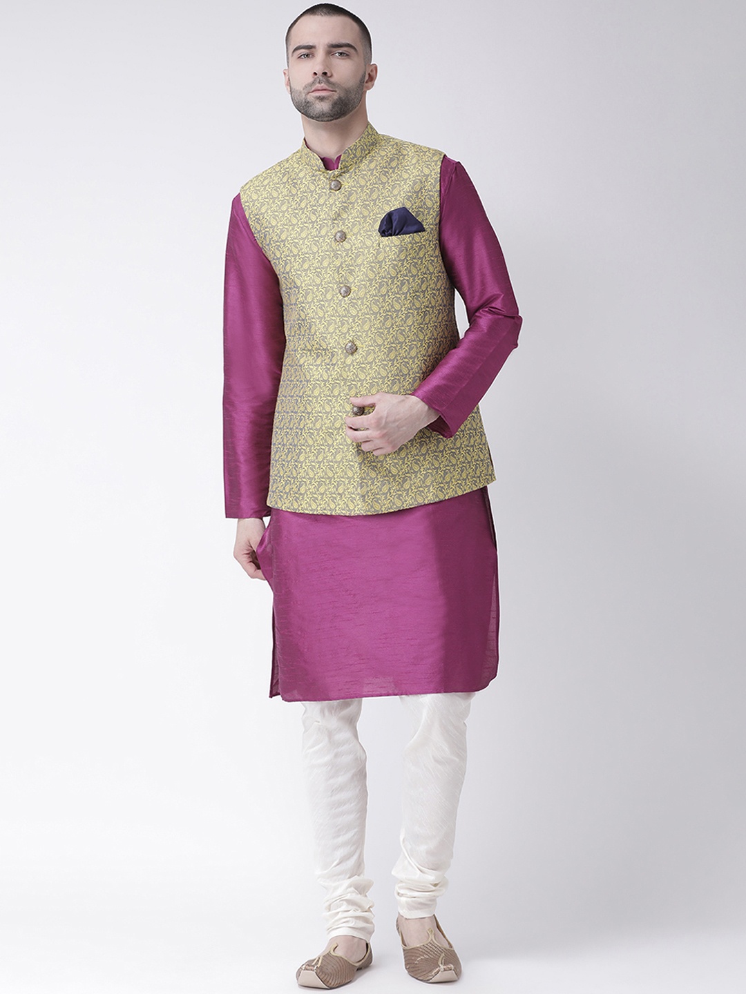

KISAH Men Purple & Off-White Self Design Kurta with Churidar & Nehru Jacket