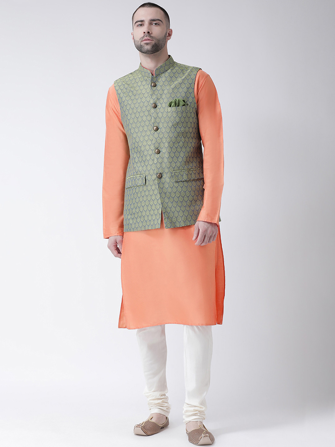 

KISAH Men Green & Orange Printed Kurta with Churidar & Nehru Jacket