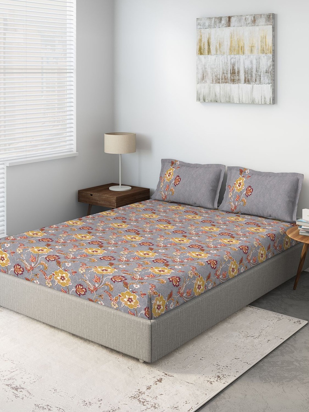 

DDecor Grey Floral 140 TC Cotton 1 Queen Bedsheet with 2 Pillow Covers