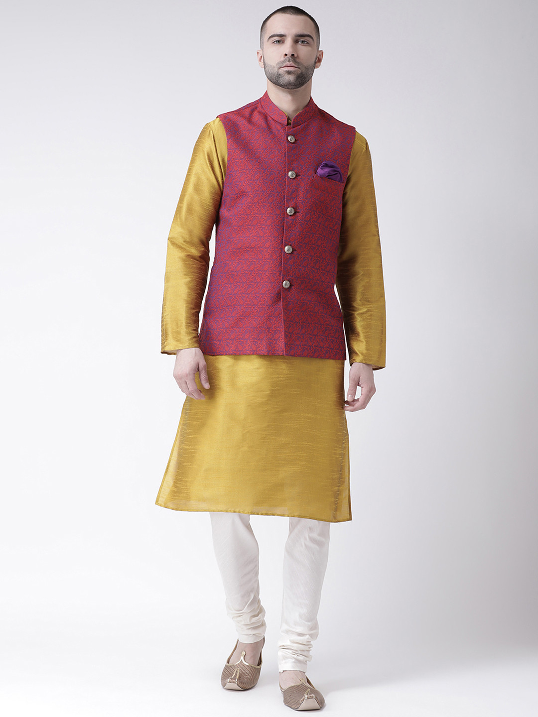 

KISAH Men Yellow & White Kurta with Churidar & Maroon Self Design Nehru Jacket
