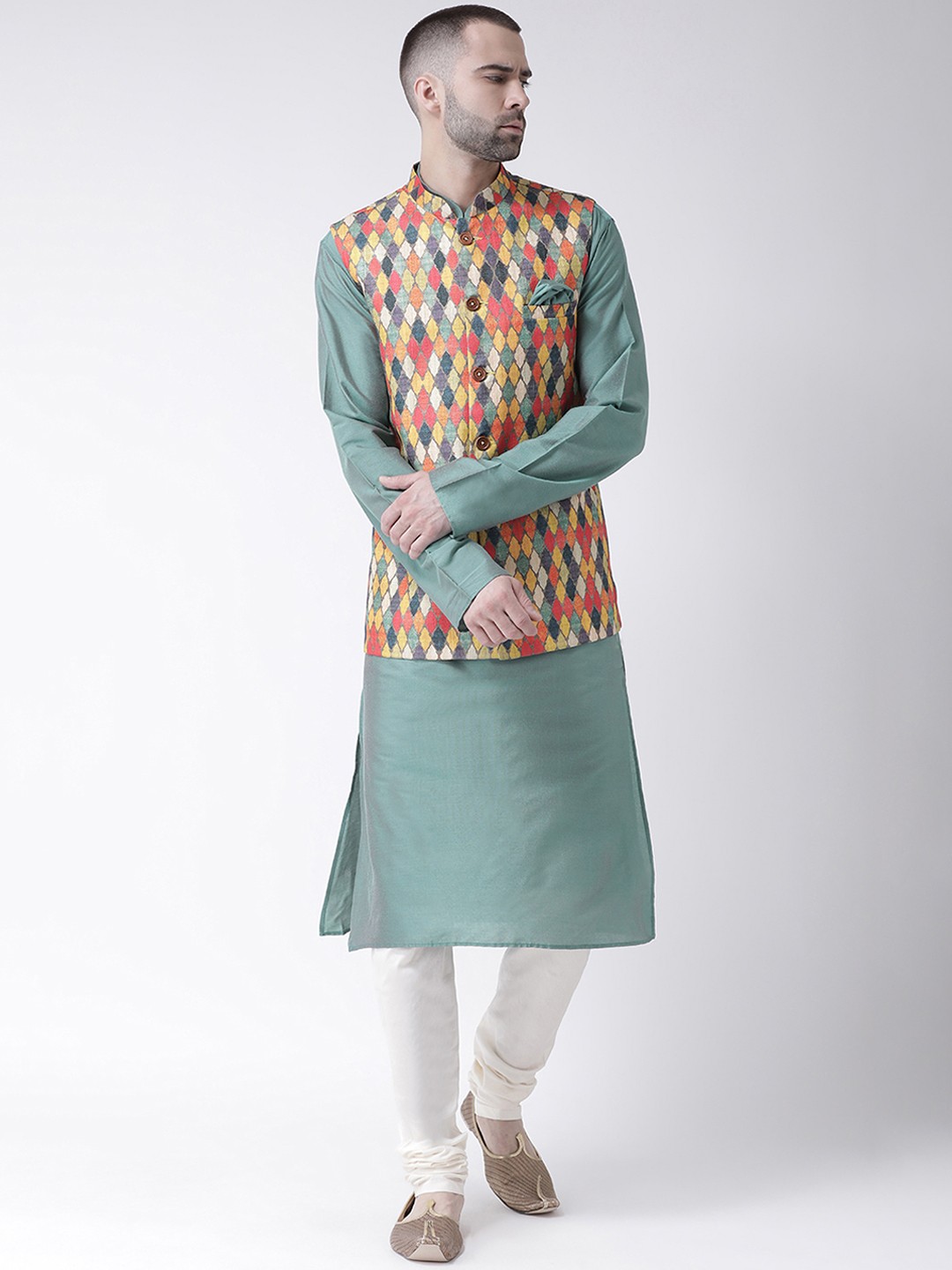 KISAH Men Teal Grey & White Solid Kurta with Churidar & Multicoloured Printed Nehru Jacket, Multi
