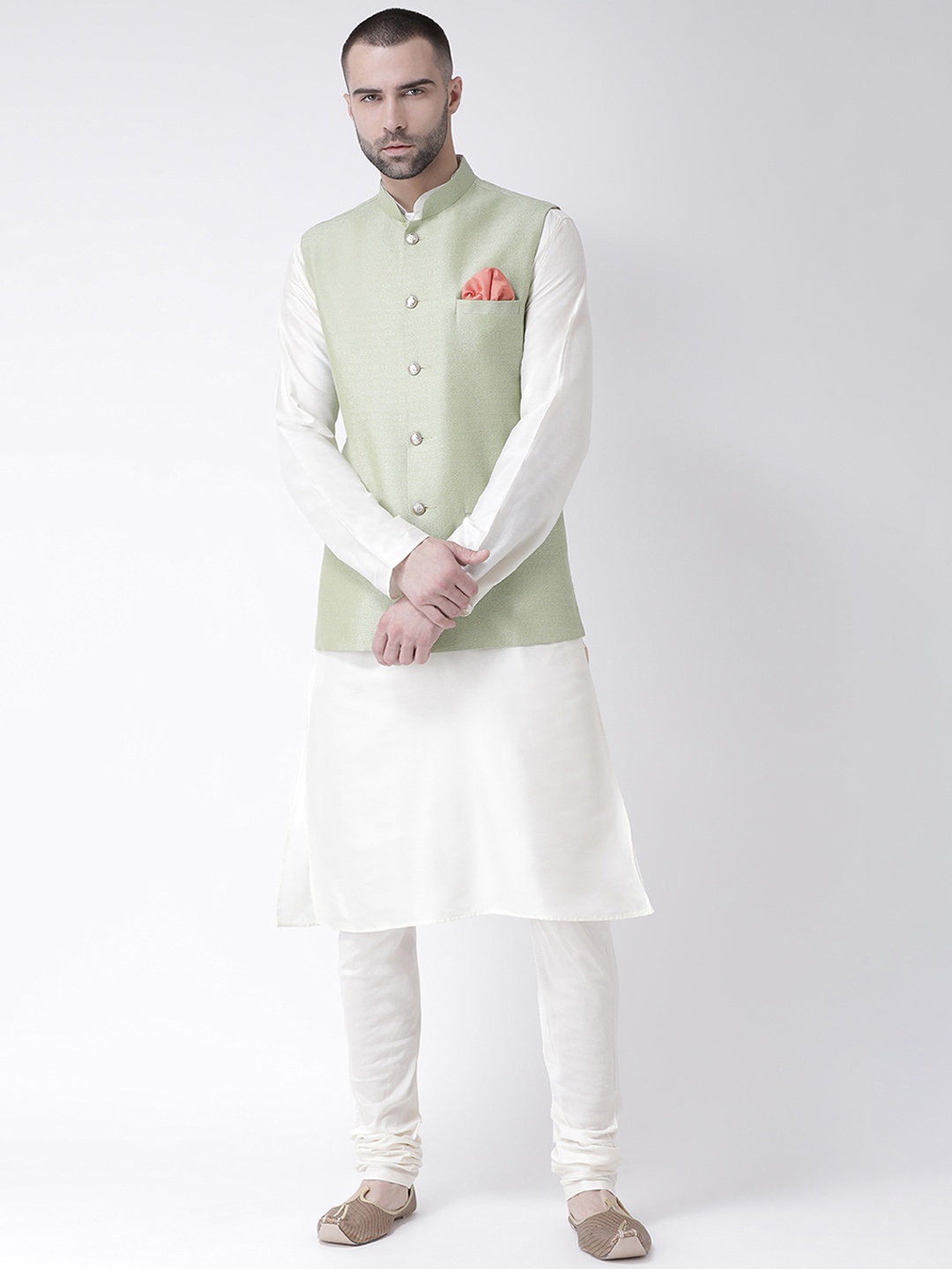 

KISAH Men Off-White Solid Churidar Kurta with Nehru Jacket