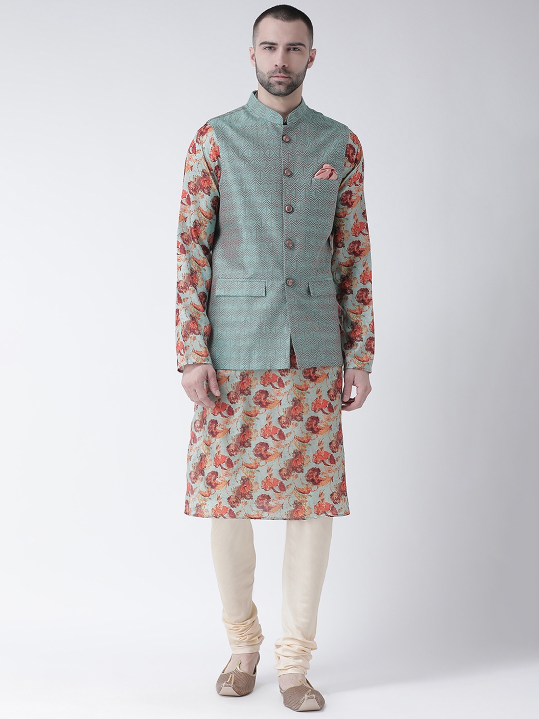

KISAH Men Green & Orange Printed Churidar Kurta with Nehru Jacket