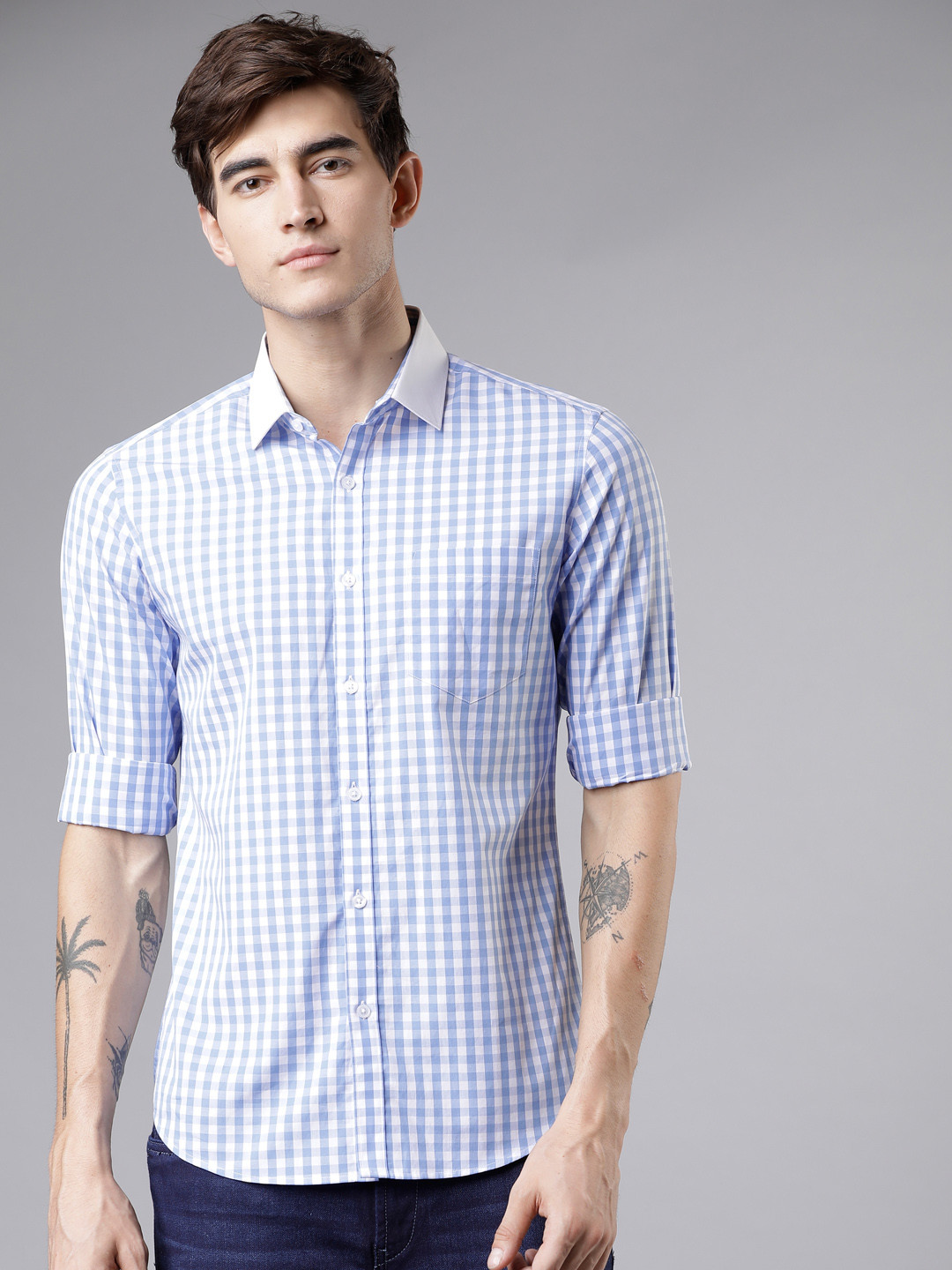 

HIGHLANDER Men White & Blue Slim Fit Checked Formal Shirt