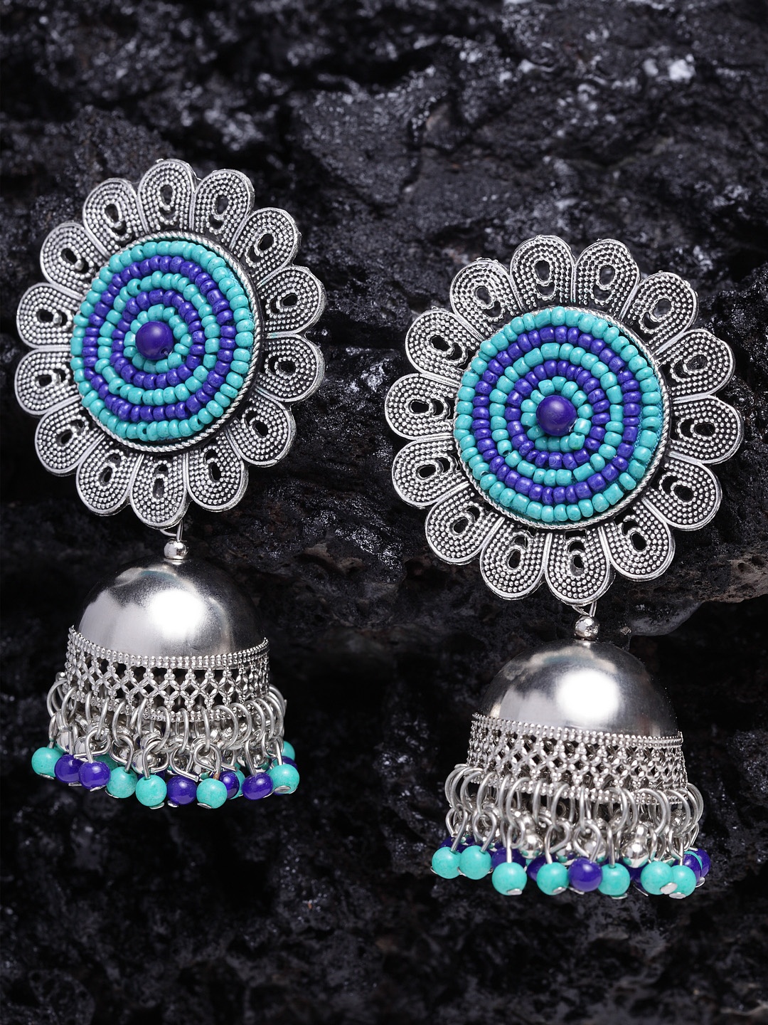 

Moedbuille Silver-Plated & Afghan Floral Jhumkas, Turquoise blue