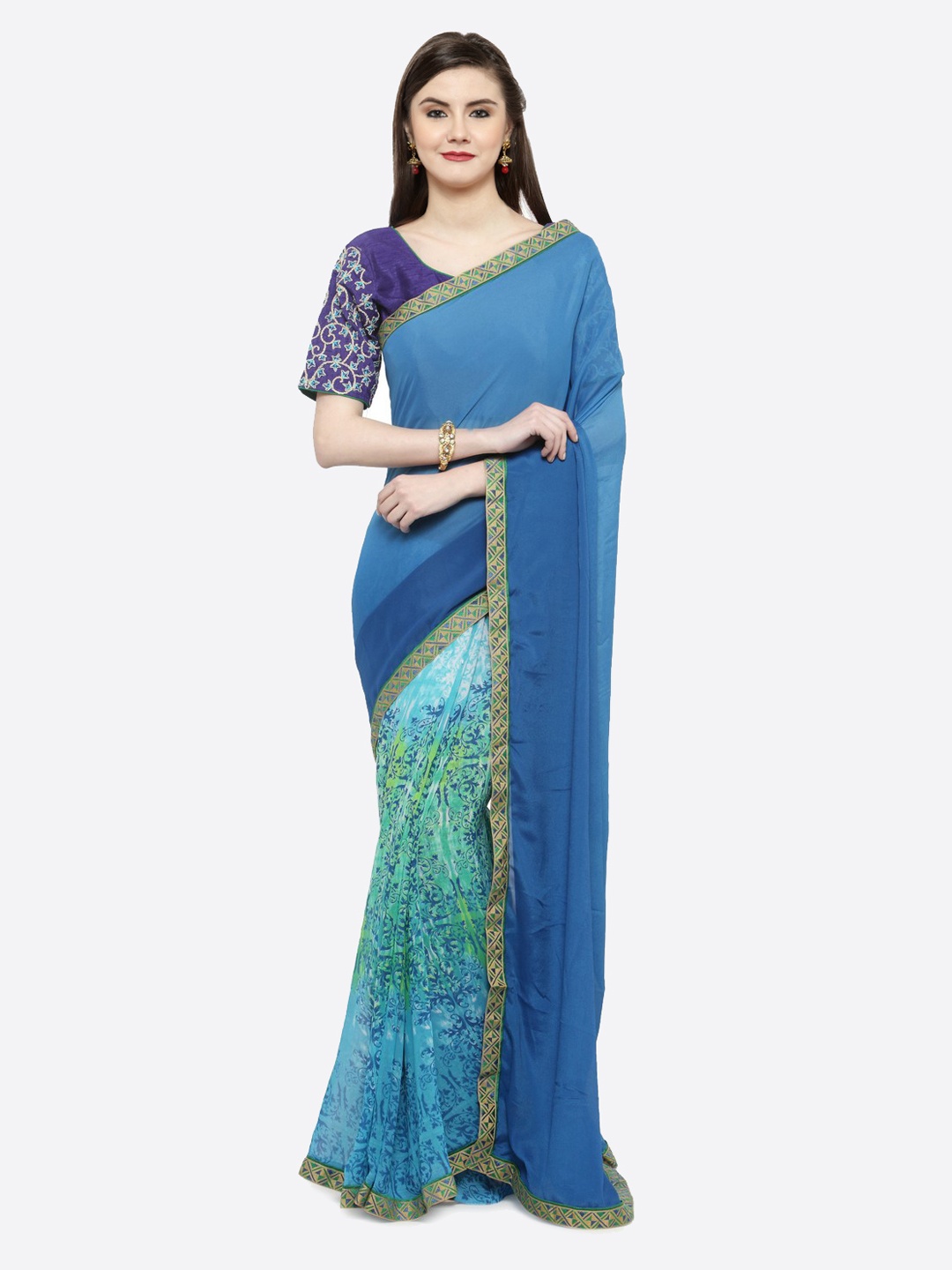 

Shaily Blue & Green Pure Georgette Printed Saree