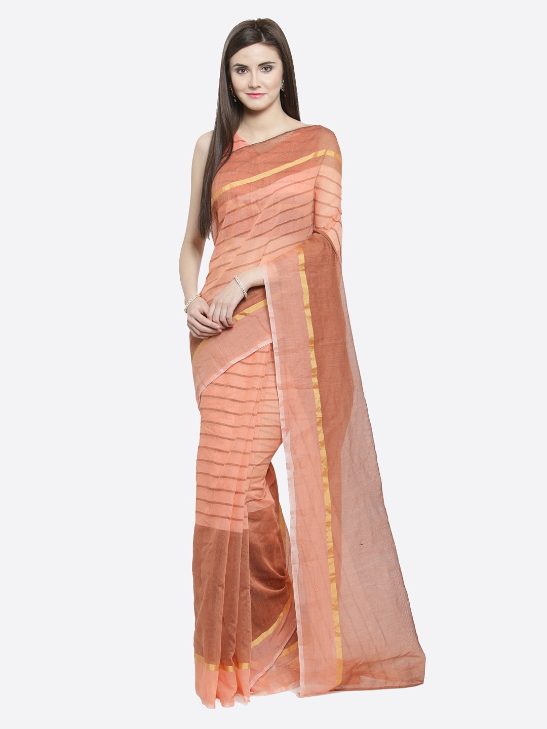 

Shaily Peach-Coloured Striped Pure Cotton Saree