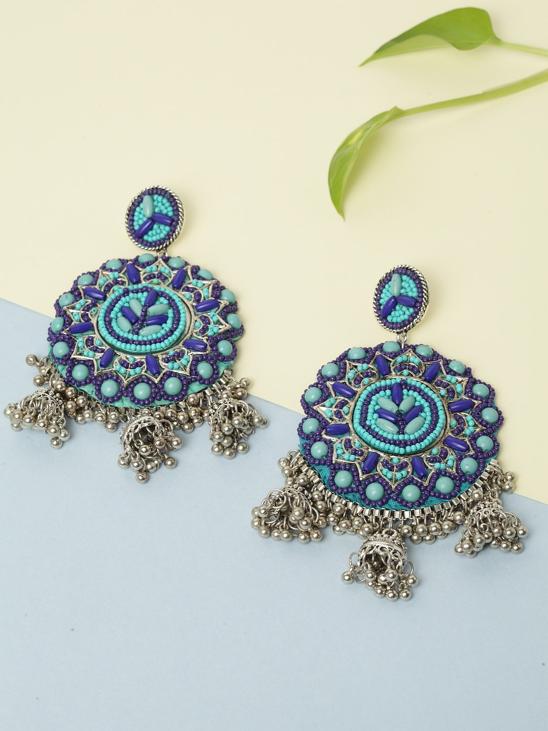 

Moedbuille Silver-Plated Turquoise Blue Afghan Circular Drop Earrings