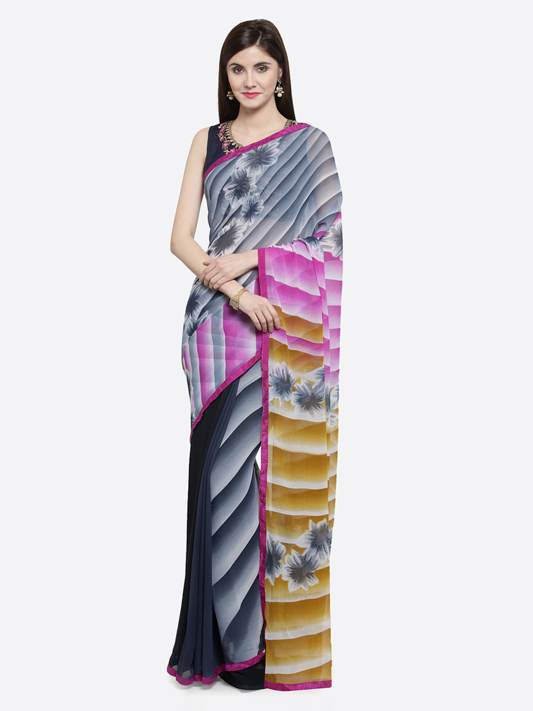 

Shaily Grey & Pink Pure Georgette Striped Saree