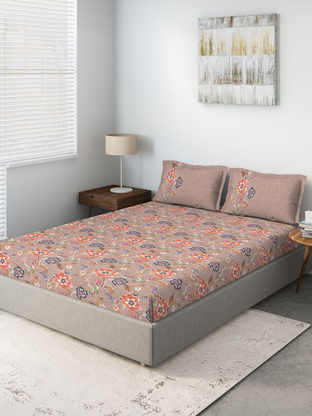 

DDecor Brown Floral 140 TC Cotton 1 Queen Bedsheet with 2 Pillow Covers