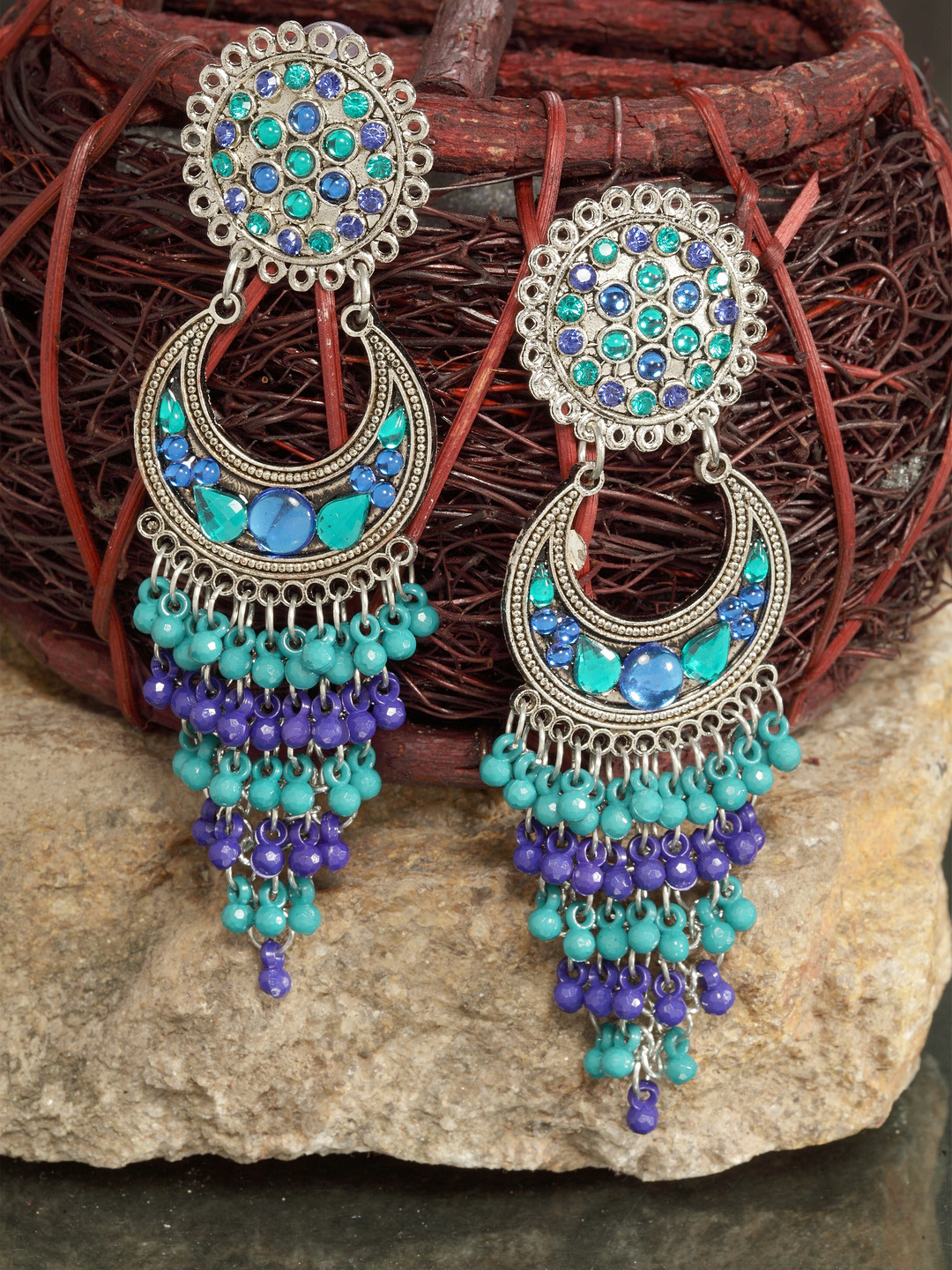 

Moedbuille Turquoise Blue Oxidised Crescent Shaped Drop Earrings