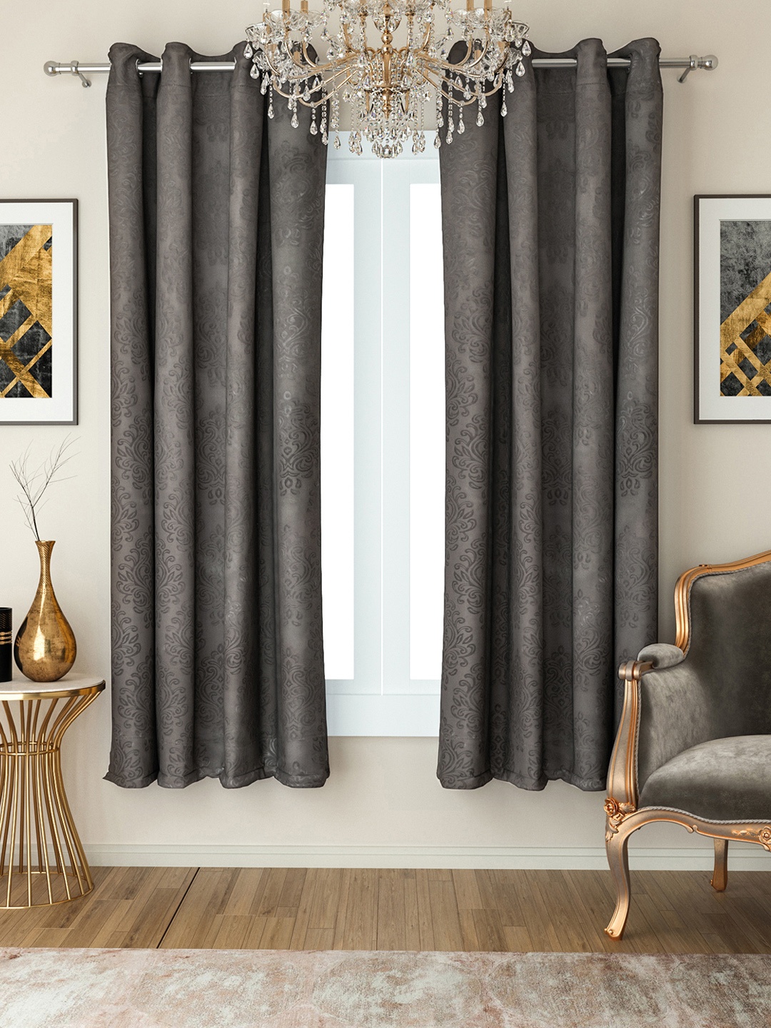 

SWAYAM Grey Set of 2 Black Out Window Curtains