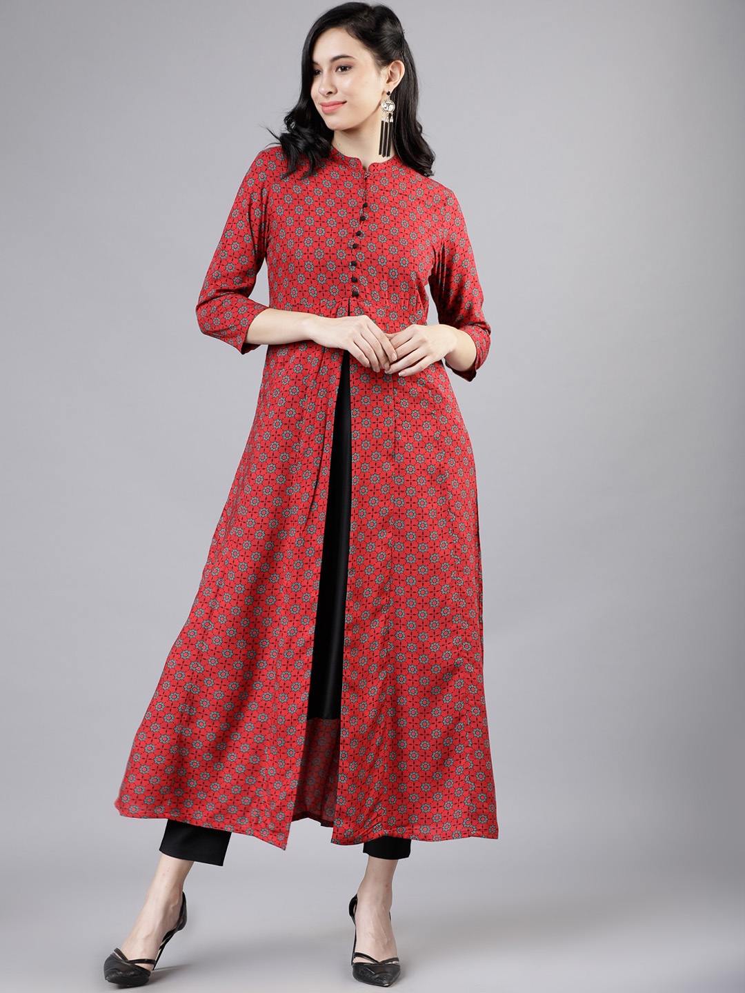 

Vishudh Women Red & Grey Printed A-Line Kurta