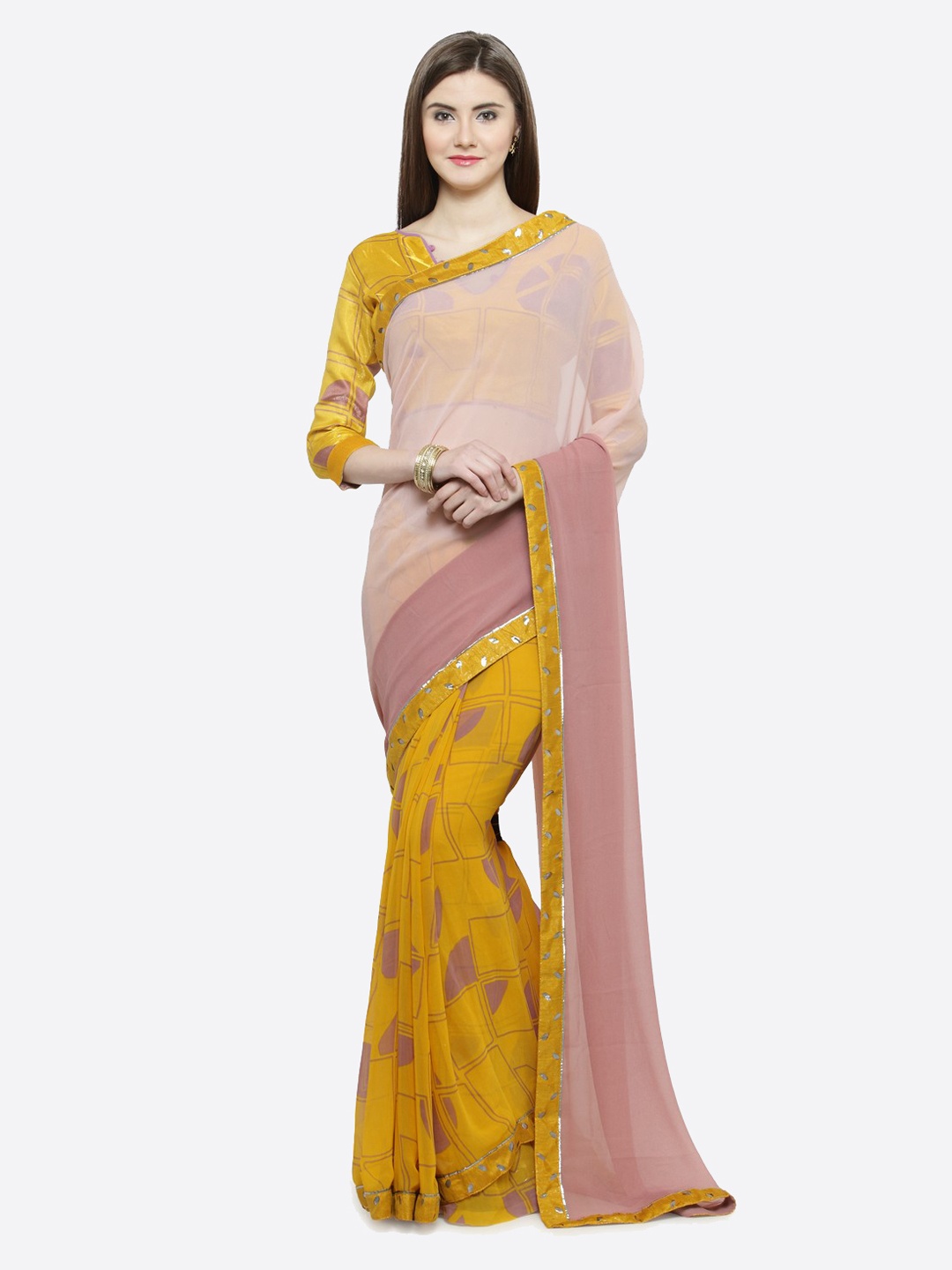 

Shaily Yellow & Peach-Coloured Pure Georgette Printed Saree