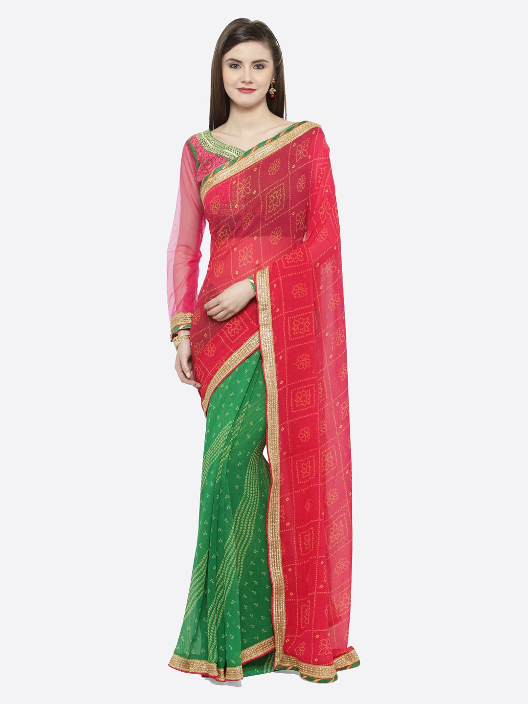

Shaily Pink & Green Pure Georgette Printed Bandhani Saree