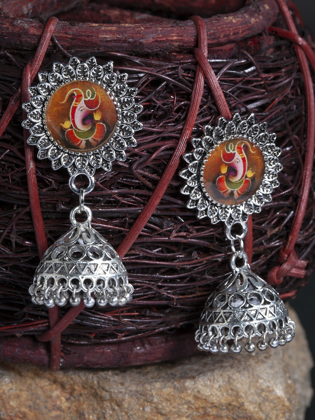 

Moedbuille Silver-Plated & Brown Handcrafted Dome Shaped Jhumkas