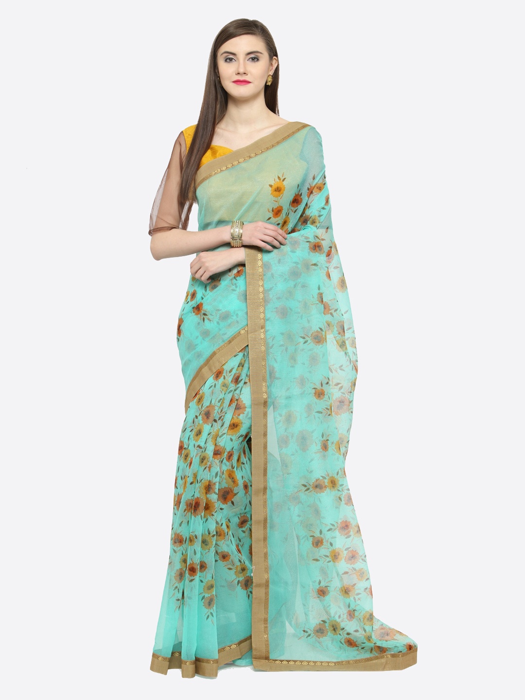 

Shaily Turquoise Blue & Beige Cotton Blend Printed Saree