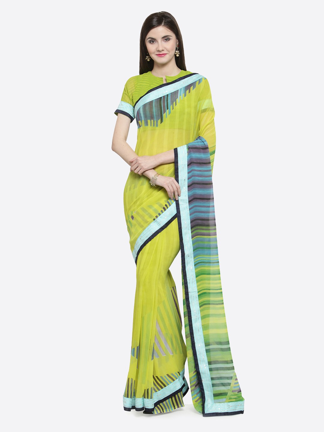 

Shaily Green Striped Pure Georgette Saree