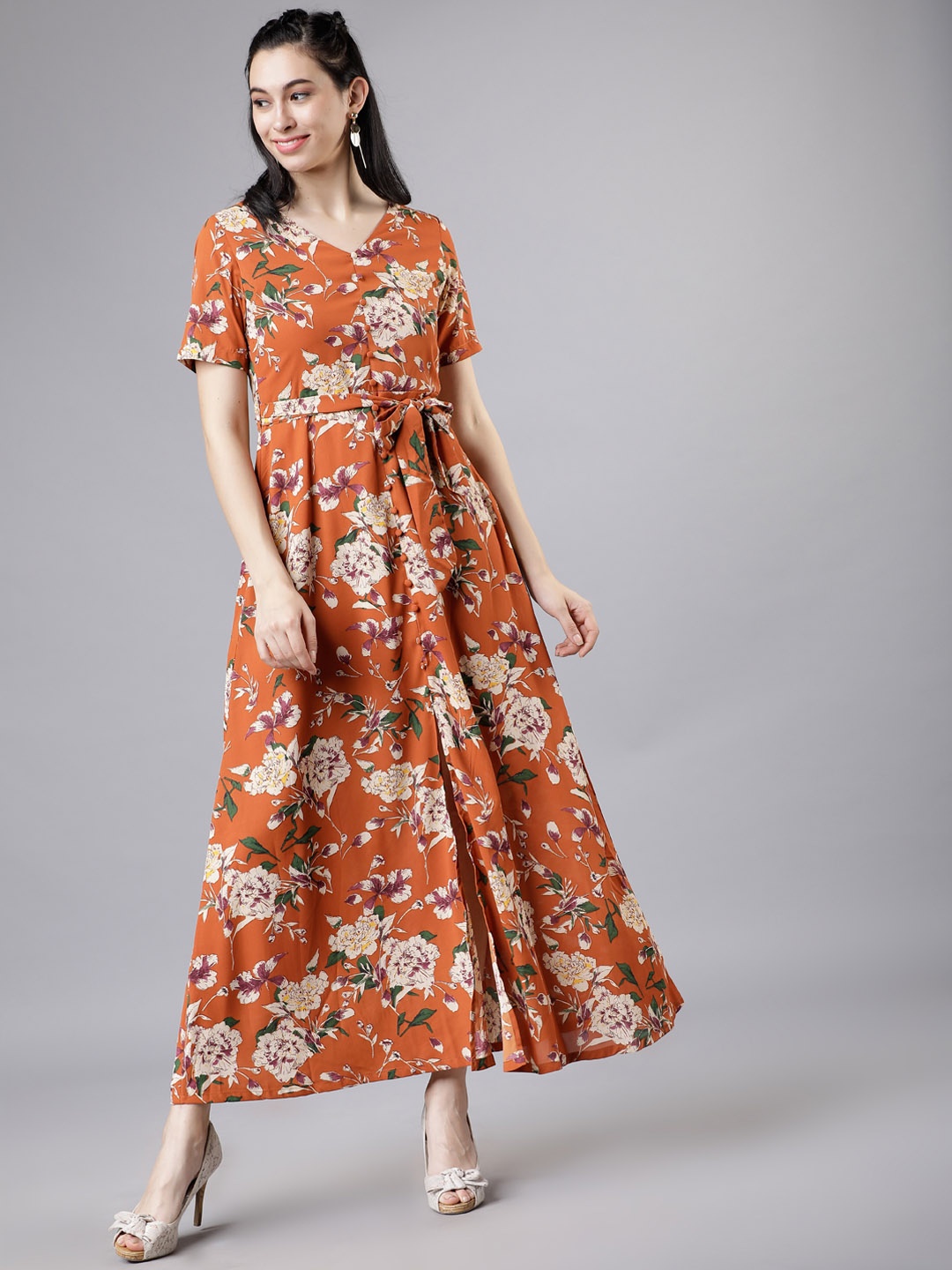 

Tokyo Talkies Women Rust Orange Printed Maxi Dress