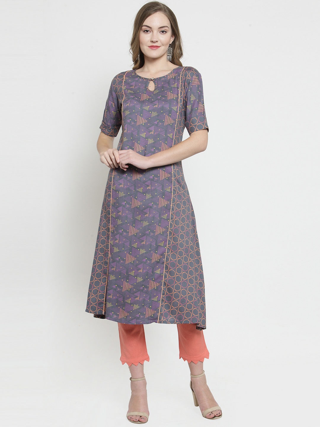 

Indibelle Women Grey Printed Kurta with Trousers
