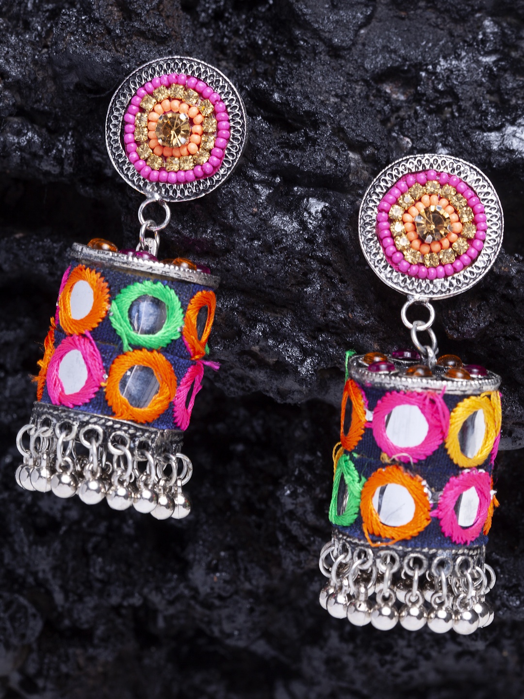 

Moedbuille Silver-Plated Multicoloured Handcrafted Dome Shaped Jhumkas, Multi