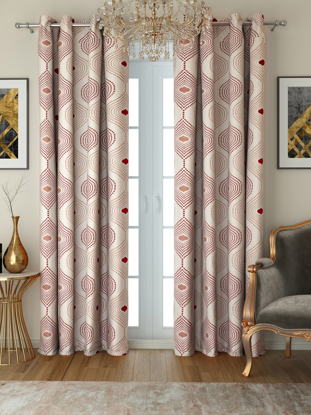 

SWAYAM Off-White & Maroon Set of 2 Room Darkening Long Door Curtains
