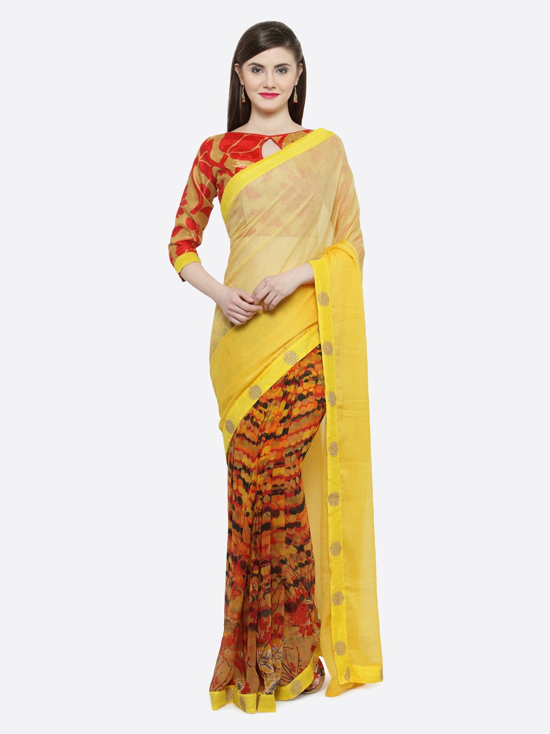 

Shaily Yellow & Red Pure Georgette Printed Saree