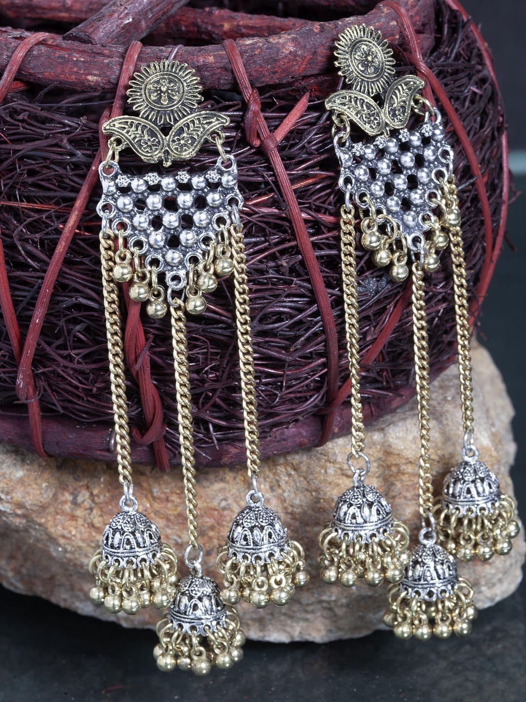 

Moedbuille Silver-Plated & Gold-Toned Handcrafted Filigree Dome Shaped Drop Earrings