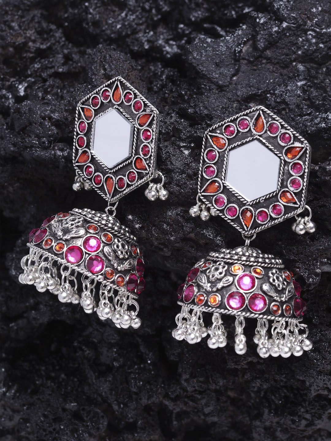 

Moedbuille Silver-Plated & Pink Enamelled Dome Shaped Jhumkas