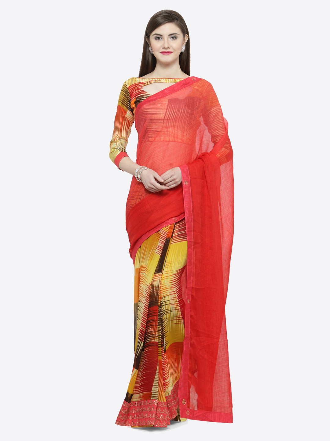 

Shaily Red & Yellow Pure Georgette Printed Saree