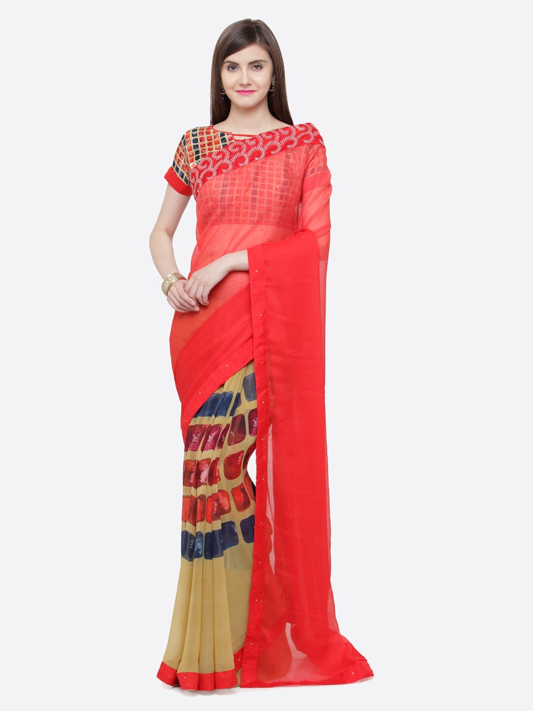 

Shaily Red & Beige Pure Georgette Printed Saree