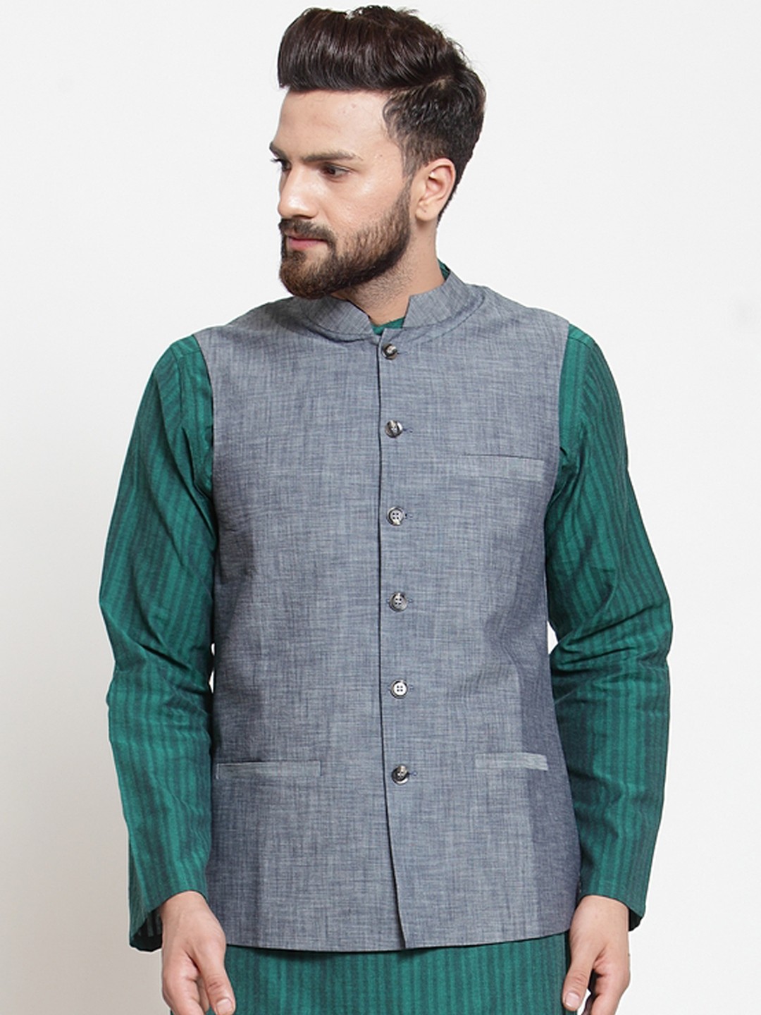 

NEUDIS Men Grey Woven Design Regular-Fit Pure Cotton Nehru Jacket