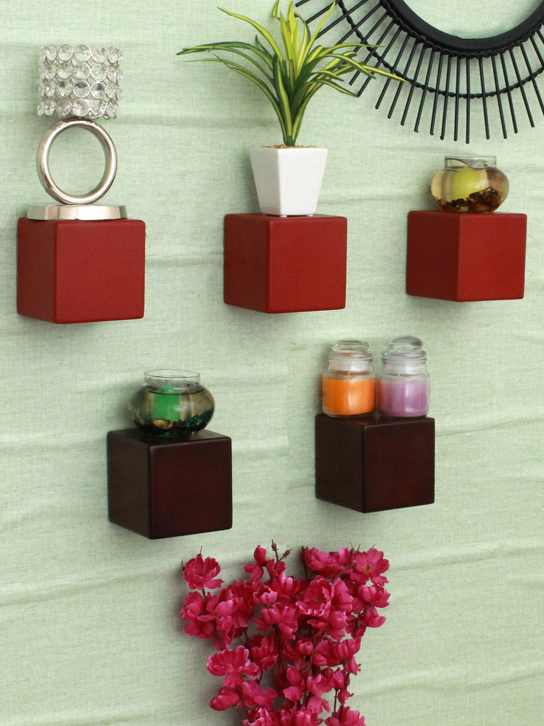 

Home Sparkle Set of 5 MDF Basic Wall Cube Shelves, Red