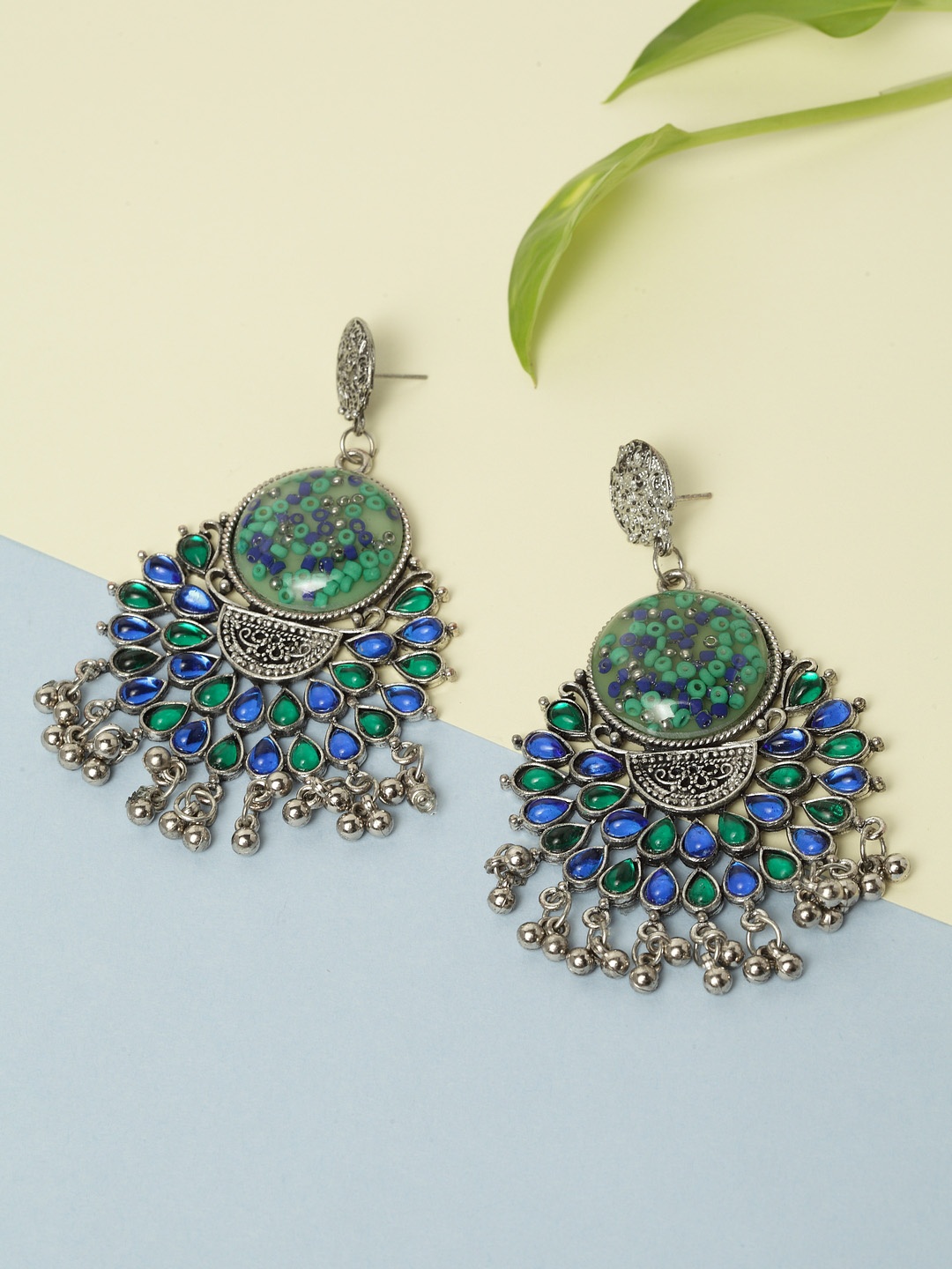 

Moedbuille Blue & Green Crescent Shaped Handcrafted Drop Earrings