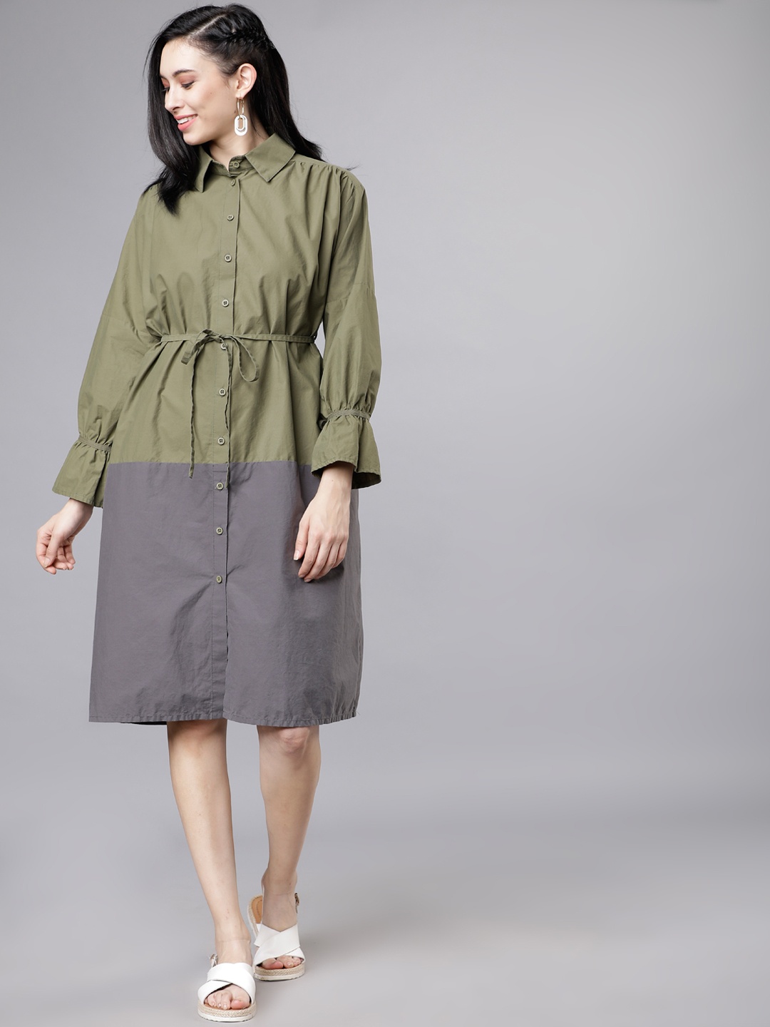 

Tokyo Talkies Women Olive Green & Grey Colourblocked Shirt Dress